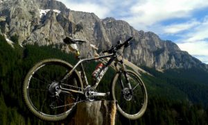 cross mountain bike on a tree trunk in the mountains